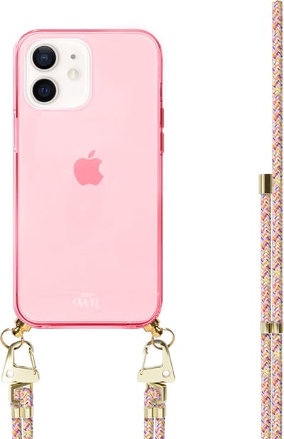 xoxo Wildhearts silicone case met koord - Roze telefoonhoesje met koord - telefoonketting - Rainbow Vibes - Cord Case - geschikt voor Apple iPhone 11 - Regenboog koord - meerkleurig