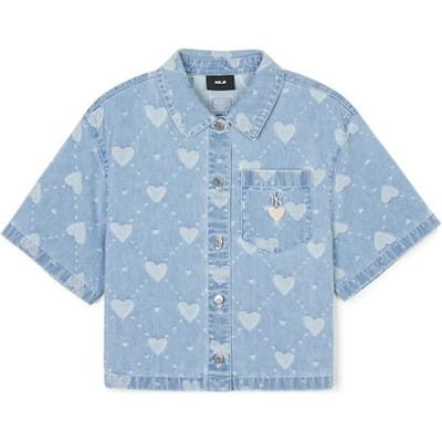 MLB SS24 New York Yankees Jacquard Cœur Broderie Lettres Simple Boutonnage Coupe A-Line Jean Manches Courtes Chemise Femmes Bleu Clair 3FDRH0243-50BLL M white