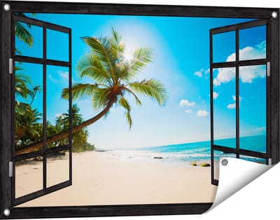 Gards Tuinposter Doorkijk Tropisch Strand en Zee in Sri Lanka - 90x60 cm - Tuindoek - Tuindecoratie - Wanddecoratie buiten - Tuinschilderij