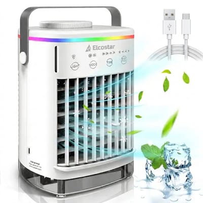 Elcostar® Premium Portable Airco - Mini Airco - 2026 Model - Mobiele Airco - Luchtkoeler 4-in-1 - 4 windsnelheden, 2 luchtbevochtingsstanden & Timer - Aircooler - Draagbare Airco - Lekvrij - Airco - Wit