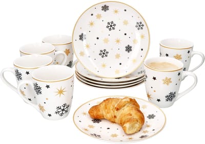 12-delige ontbijtset Stars zwart-goud steengoed voor 6 personen - 23108240 & 23108264