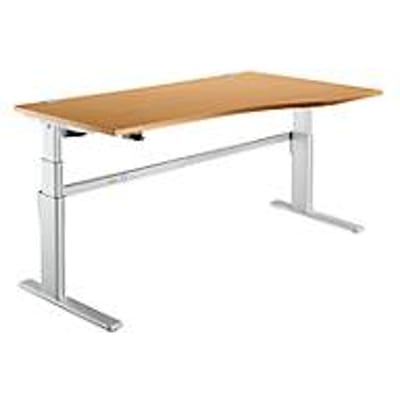 Comfortabel bureau, elektrisch in hoogte verstelbaar, vrije vorm, bevestiging rechts, C-voet, B 1800 x D 1000/800 x H 655-1305 mm, beuken/blank aluminium