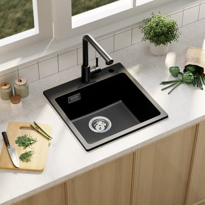 SOFETIY MAX granieten spoelbakken 45*45cm, 1 spoelbak Keuken Zwart, onderbouw Spoelbakken, Wasbak Keuken