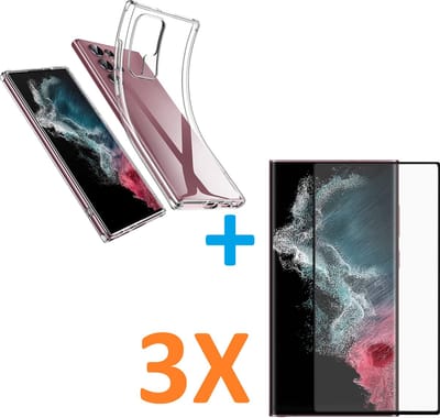 Silicone hoesje transparant met 3 Pack Tempered glas Screen Protector Geschikt voor: Samsung Galaxy S22 Ultra
