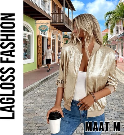 LaGloss® Dames Lichtgewicht Gouden Folie Honkbal Jasje – Elegante Zip-Up Jas met Lange Mouwen – Modieuze en Stijlvolle Metallic Look, Comfortabele Pasvorm – Maat M
