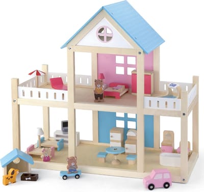 Viga Toys houten poppenhuis met inrichting