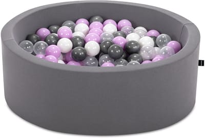 Asir ballenbak voor baby’s – grijs – 200 ballen in grijs, wit, lila en transparant – 85 x 85 x 30 cm