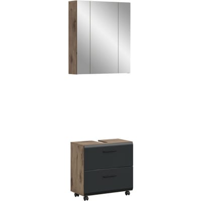 Badcombinatie op wielen - Zwarte Badkast met Spiegelkast - 60x185x30 cm