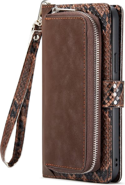 Casemania Hoesje Geschikt voor Apple iPhone 13 Pro - Bruin - Luxe Wallet Bookcase met Rits Pasjeshouder en Standaard - Kunstleer Portemonnee Telefoonhoesje met Slangenstructuur en Extra Opbergruimte