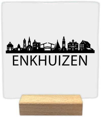 Enkhuizen skyline - Keramische decoratie tegel - incl. houten presenteerblok