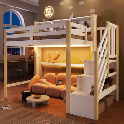 Hoogslaper 90x200 cm - LED-verlichting en Grote Opbergruimte - Opbergladder en Open Vakken - Hout - Wit Naturel