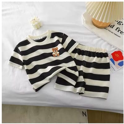 Baby setje - 1 tot 2 jaar - Gestreept - Korte mouw - Korte broek - Meisje - Jongen - Zomer setje - Beertje - Beige Zwart