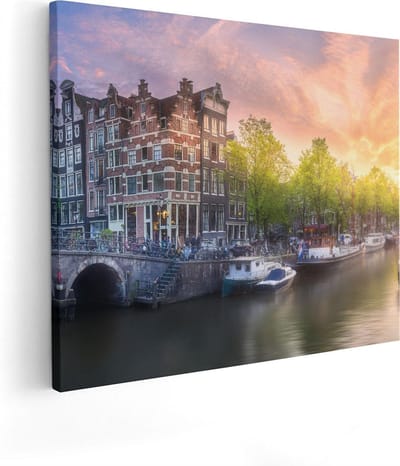 Artaza Canvas Schilderij Amsterdam - 100x80 cm - Groot - Wanddecoratie Grachten - Muurdecoratie Zonsondergang - Schilderijen Op Canvas Skyline
