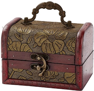 Dailygoods - Mini-vintage houten sieradenkoffer, retro schatkist, piraat, opbergdoos, klein decoratief Europees kunstleer met handvat, voor sieraden, kralen, verjaardagscadeaus