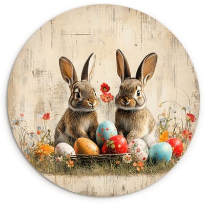 WallCircle® Wandcirkel 120x120 cm - Muurcirkel Konijnen - Bloemen - Eieren - Muurdecoratie woonkamer - Wanddecoratie slaapkamer - Kamer decoratie accessoires - Ronde schilderijen XXL