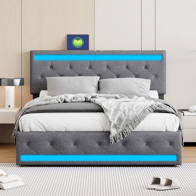 Bed met Lade - Tweepersoonsbed Frame - Opbergen en Slapen - Geïntegreerde USB en LED - 140x190 cm - Donkergrijs