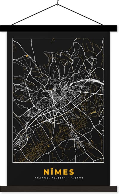 Posterhanger incl. Poster 40x60 cm - Schoolplaat - Plattegrond - Nîmes - Stadskaart - Kaart - Frankrijk - Textielposter - Zwarte latten - Stadskaart