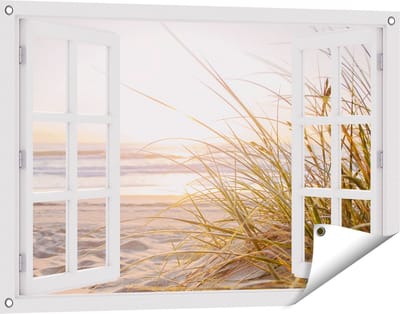 Gards Tuinposter Doorkijk Strand en Duinen tijdens Zonsondergang - 90x60 cm - Tuindoek - Tuindecoratie - Wanddecoratie buiten - Tuinschilderij