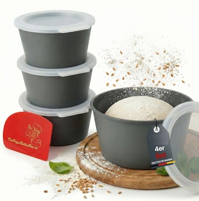 Famanu – Pizzaballenbox - set van 4 - deegdozen van recyclebaar biologisch kunststof met deksel - stapelbare fermentatieboxen voor pizzadeeg - zuurdesem en ingrediënten