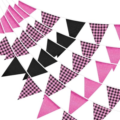 Wimpelslinger roze zwart 10 m, katoen en linnen, 36 wimpels, herbruikbare decoratie voor tuin, bruiloft en feest