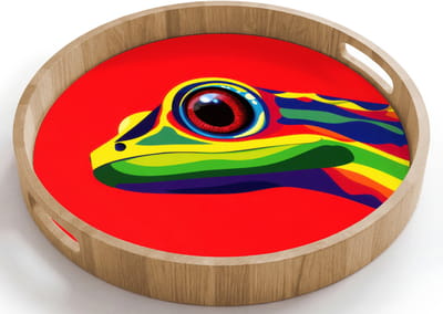 Dienblad rond 40x40 cm - Schootdienblad hout - Kikker - Kleurrijk - Strepen - Ogen - Borrelplank rechthoek - Plateau houten dienbladen