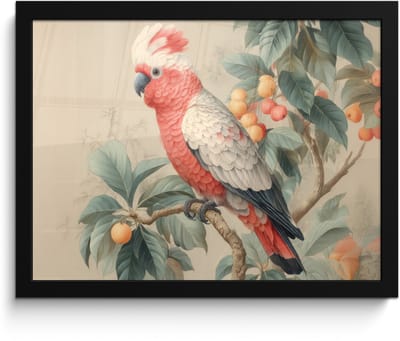 Poster in lijst - Fotolijst 40x30 cm - Posters - Roze kuifkaketoe - Tak met vruchten - Bladeren - Posterlijst zwart - Decoratie - Wanddecoratie woonkamer - Muurdecoratie slaapkamer