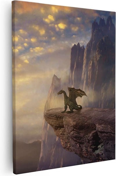 Artaza Canvas Schilderij Fantasie Dier - 40x50 cm - Wanddecoratie Bergen - Muurdecoratie Zonsondergang - Kamer Accessoires Klif