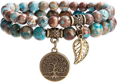 Bixorp Gems Dubbele Nevada Turkoois Armband met Levensboom & Veertje - Edelsteen Kralenarmband met Hanger - Chakra