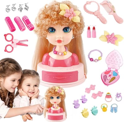 Kinder Kappershoofd - Speelgoed Salon Hoofd - Kapsels Oefenen - Inclusief 26 Accessoires - 30 x 30 x 18 cm