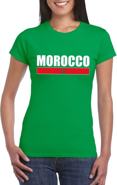 Marokko supporters kleding t-shirt - voor dames - groen - met vlag kleuren print - korte mouwen S