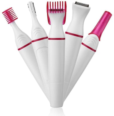5-in-1 Elektrische Ontharings- en Wenkbrauwtrimmer, Multifunctioneel Scheerapparaat voor Gezicht, Lichaam en Bikini, Wit-Roze