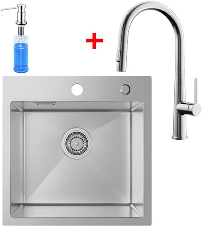 SOFETIY MAX Spoelbak Keuken 45x45CM - Spoelbakken Keuken Met C-uitloop Keukenkraan en Zeepdispenser 300ML - Spoelbak Met Kraangat - Wasbak Keuken RVS