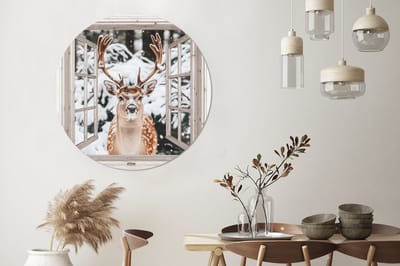 WallCircle - Wandcirkel - Muurcirkel - Doorkijk - Hert - Sneeuw - Winter - Bos - Dieren - Natuur - Aluminium - Dibond - 140x140 cm - Binnen en Buiten