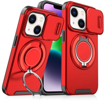 Backcover Hoes Geschikt voor: Apple iPhone 14 - Magnetische Ringhouder met Sliding Lens Camshield - Rood