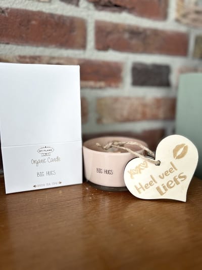 Creaties van hier - Flessenpost kaars met houten hartje - Big hugs