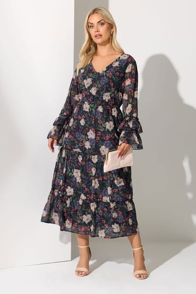 Yours London Zwarte Maxijurk Met Bloemenprint En Ruches Size 42