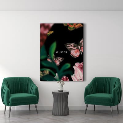 Kanwall - Schilderij - Luxe Gucci Butterfly Woonkamer Slaapkamer Vlinder Design Art ** Dik! Effect** - Zwart, Groen En Roze - 100 X 75 Cm