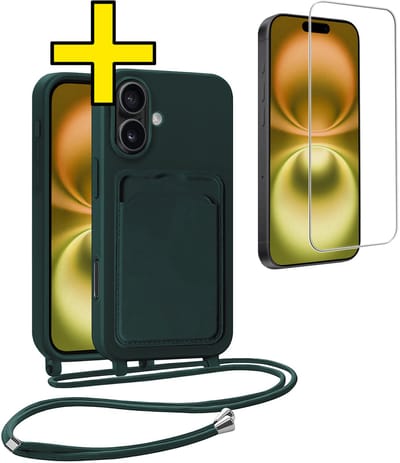 Hoesje Geschikt voor iPhone 16 Plus Telefoonhoesje Met Koord Case Pashouder Met Screenprotector Siliconen - Hoes Geschikt voor iPhone 16 Plus Hoesje Met Kaarthouder - Donkergroen