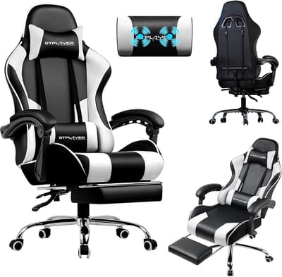 Gamingstoel - Bureaustoel met massage - Comfortabel gamen - Verstelbare rugleuning - 150 kg - Wit