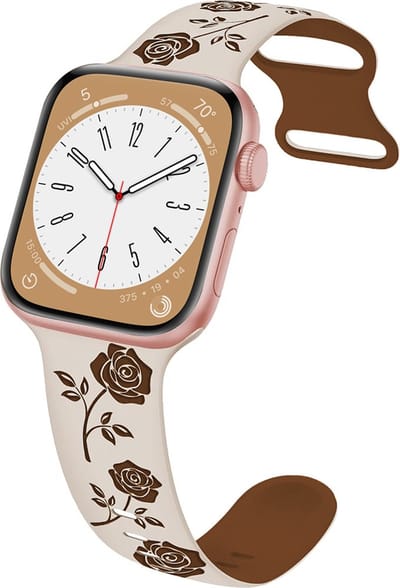 By Qubix - Geschikt voor Apple Watch bandje - Siliconen bandje met rozen - Sterrenlicht / bruin - Geschikt voor Apple Watch 44mm / 45mm / 46mm / 49mm (Ultra 1,2 en 3) - Smartwatch bandje