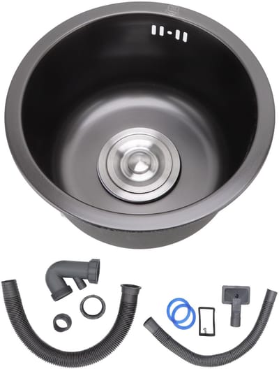 Dailygoods- Gootsteen RVS - Mini Ronde Spoelbak - Zwarte Keukenbar - Enkele Kom - Afdruiprek - Buitendiameter 29,8 cm