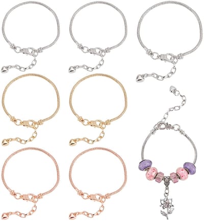 6pcs 2 Stijlen 18cm Europese Snake Chain Charm Armband Zilver met Klassieke Kraal Vat Hart Sluiting voor Sieraden Maken Accessoires..