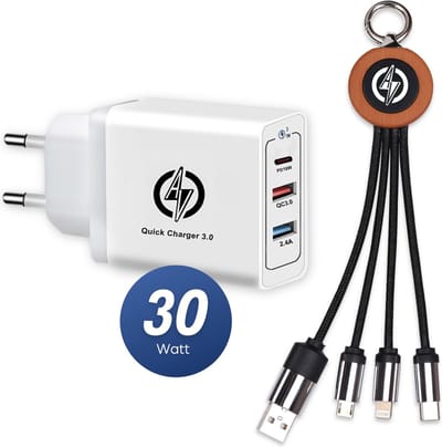 AV® USB Universele Snellader met 3 in 1 multikabel travelpack - Quickcharger - Oplader - Geschikt voor iPhone, Airpods en iPad - 30W Snellader - Wit