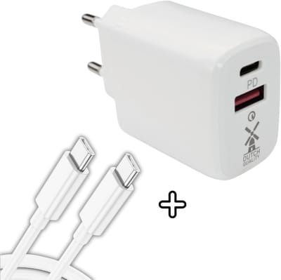 Dutch Quality® USB C 30 Watt Adapter oplader USB stekker MET 1 meter USB C naar USB C kabel - Telefoon en tablet oplader - Snellader - USB-C PD Fast Charge - USB-A Quick Charge 3.0 - Oplaadblok USB - Wit