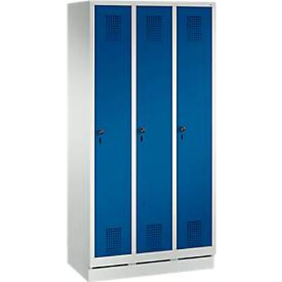 Kledingkast Evolo S 3000, 3 compartimenten, staal, sokkelhoogte 100 mm, veiligheidsslot met nachtschoot, lichtgrijs/enziumblauw