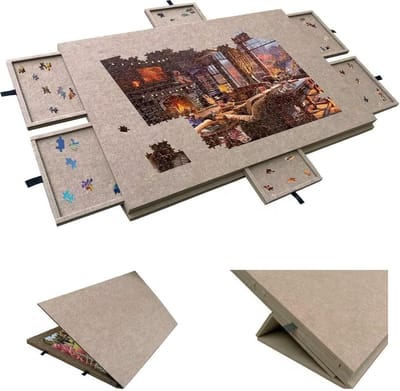 Kantelbaar Puzzelbord - Puzzeltafel Puzzelmat - Puzzels Leggen - Met 6 Gekleurde Laden - 90 x 65 cm - Grijs