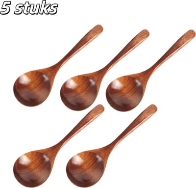 5 stuks - Lepels - Brede lepels - Rijstlepels - Lepels voor antiaanbakpannen - Soeplepels - Geschikt voor het serveren van rijst en soep - 20 cm lang x 6 cm breed - Bruin