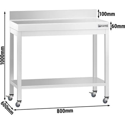 GGM Gastro Edelstahl Arbeitstisch PREMIUM - 800x600mm - mit Grundboden, Aufkantung & Rollen