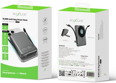 Rixus RXPB76B MagSafe Powerbank 10000mAh With Built-in Cable Gray