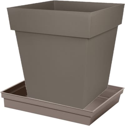 Bloempot Toscane vierkant kunststof taupe L32 x B32 x H32 cm met onderschaal L27 x B27 x H4 cm - Bloempotten/plantenpotten set